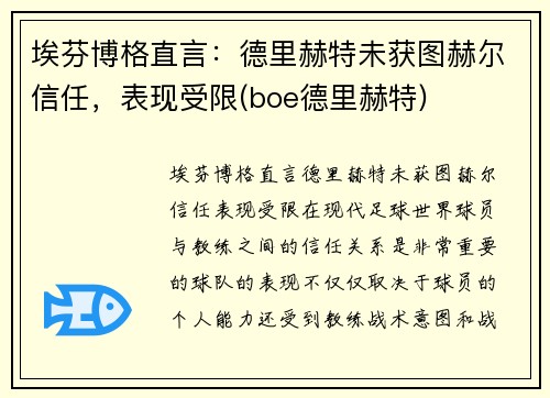 埃芬博格直言：德里赫特未获图赫尔信任，表现受限(boe德里赫特)