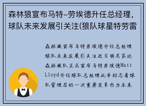 森林狼宣布马特-劳埃德升任总经理，球队未来发展引关注(狼队球星特劳雷)